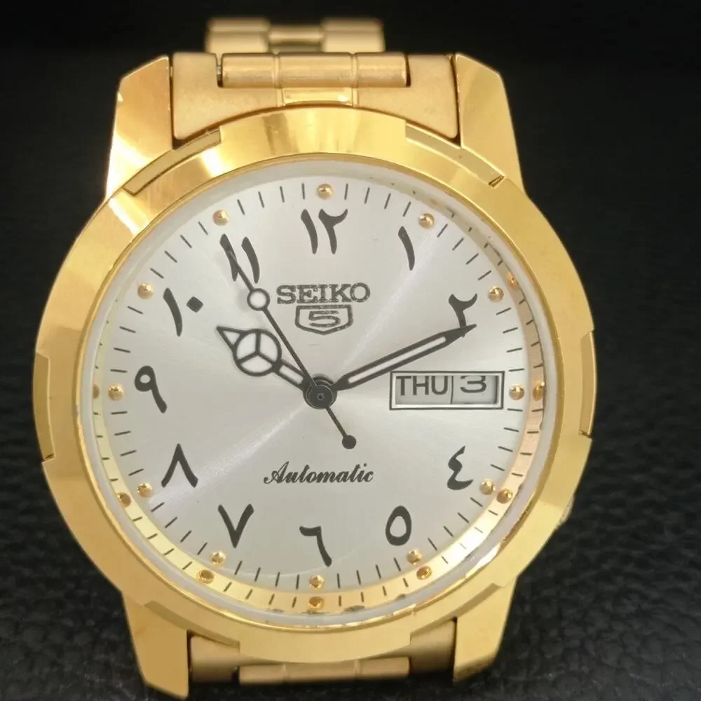 Vintage 1980 Seiko Automatic Mens Gold Watch W/daydate & Arabic accents